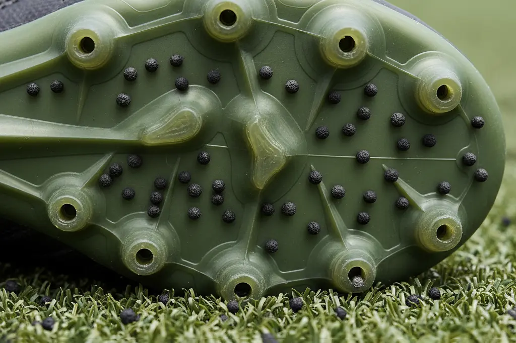 نمای نزدیک از میخ های کوتاه و گرد کفش چمن مصنوعی یا AG