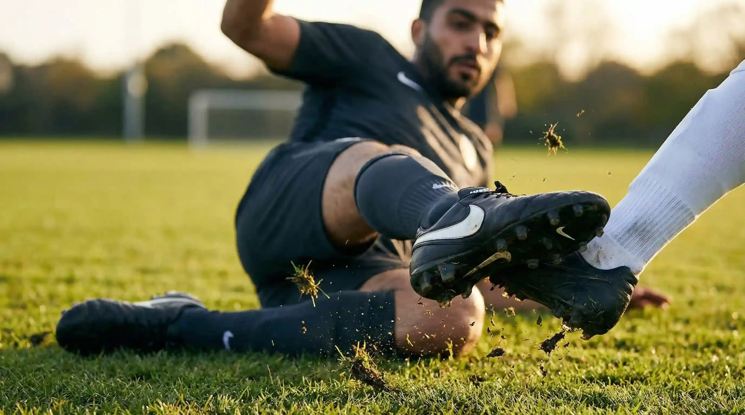 کفش فوتبال چرمی و مقاوم مخصوص مدافعان در حال تکل زدن