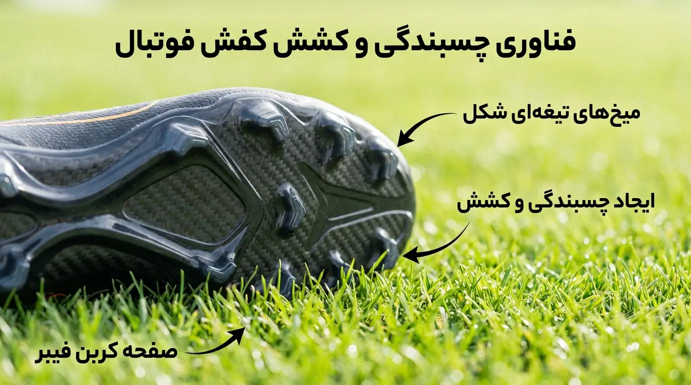 نمای نزدیک از استوک‌های تیغه‌ای و زیره فیبر کربن در کفش فوتبال سرعتی.